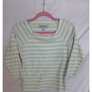 Carolyn Taylor Green White Striped Ribbed Top Square Neck 3/4 Sleeve Small